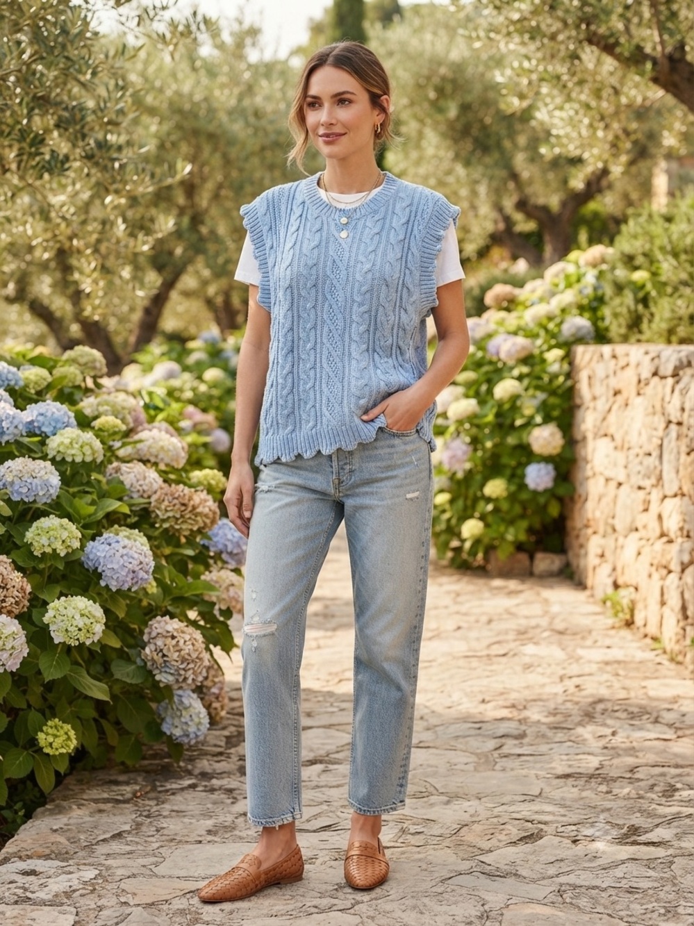 Light Blue Cable-Knit Boyfriend Sweater Vest
